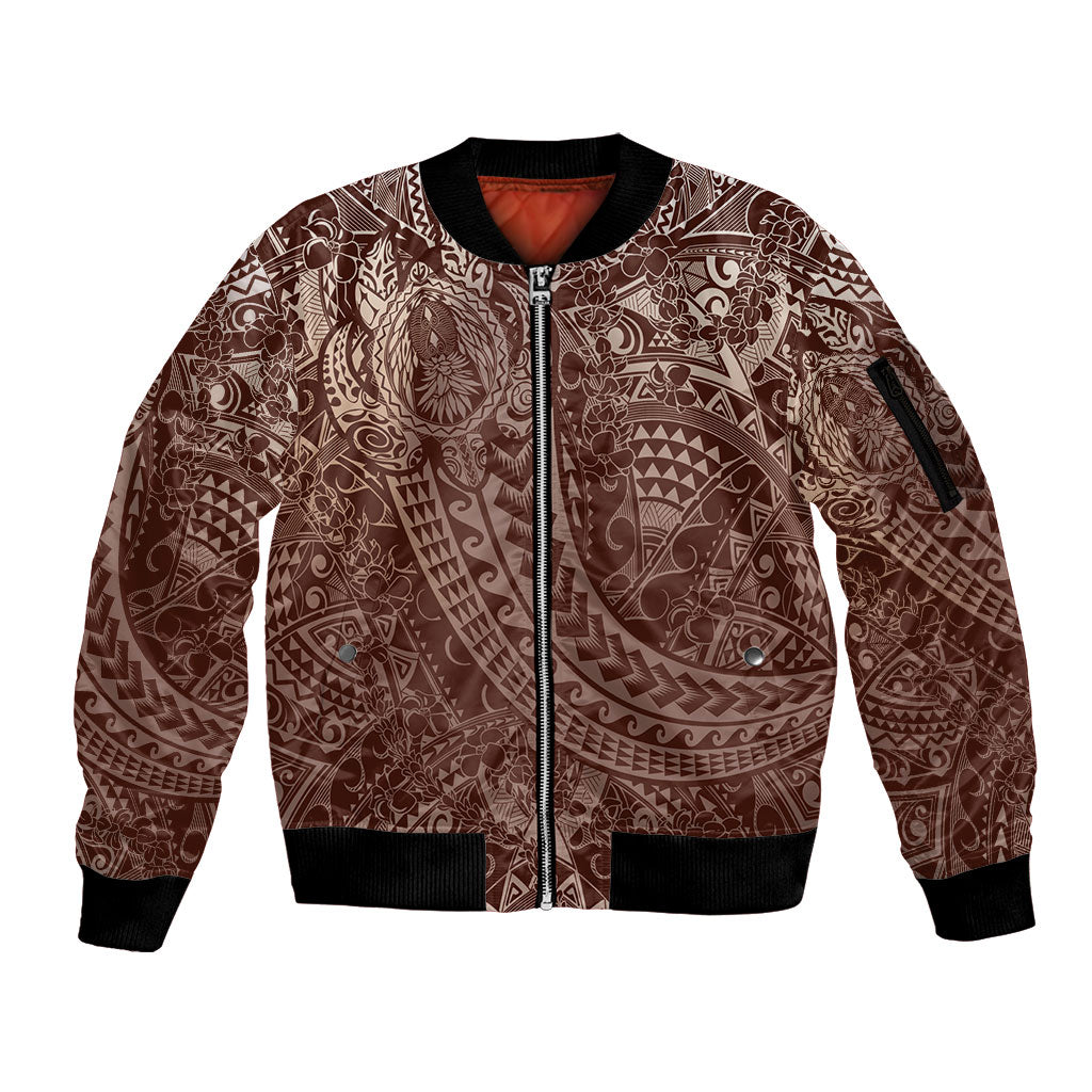 Hawaiian Turtles and Leis Sleeve Zip Bomber Jacket Tribal Kakau Pattern Mocha Mousse Color LT03 Unisex Mocha Mousse - Polynesian Pride