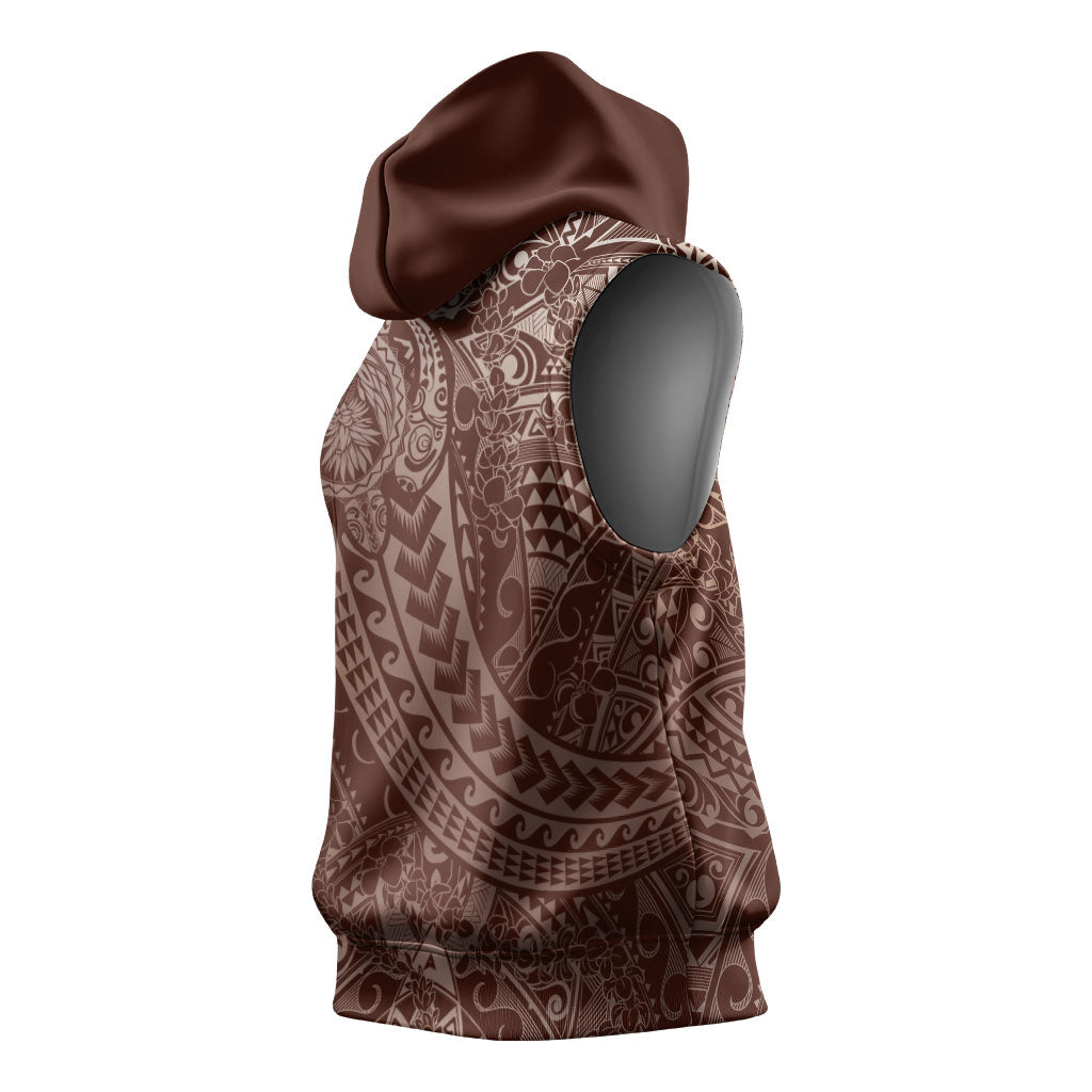 Hawaiian Turtles and Leis Sleeveless Hoodie Tribal Kakau Pattern Mocha Mousse Color