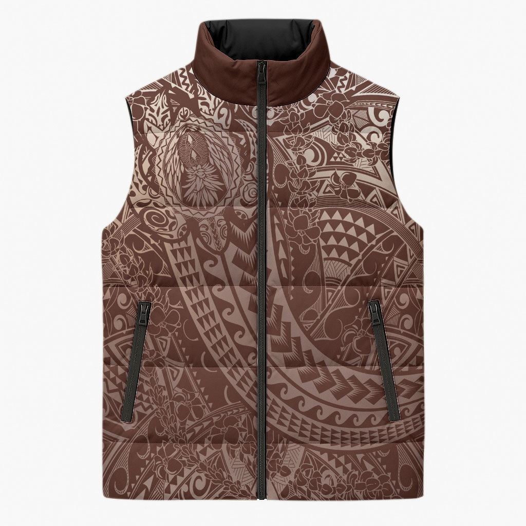 Hawaiian Turtles and Leis Sleeveless Puffer Jacket Tribal Kakau Pattern Mocha Mousse Color LT03 Unisex Mocha Mousse - Polynesian Pride