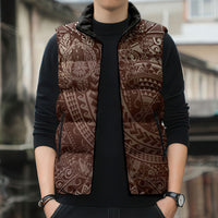 Hawaiian Turtles and Leis Sleeveless Puffer Jacket Tribal Kakau Pattern Mocha Mousse Color