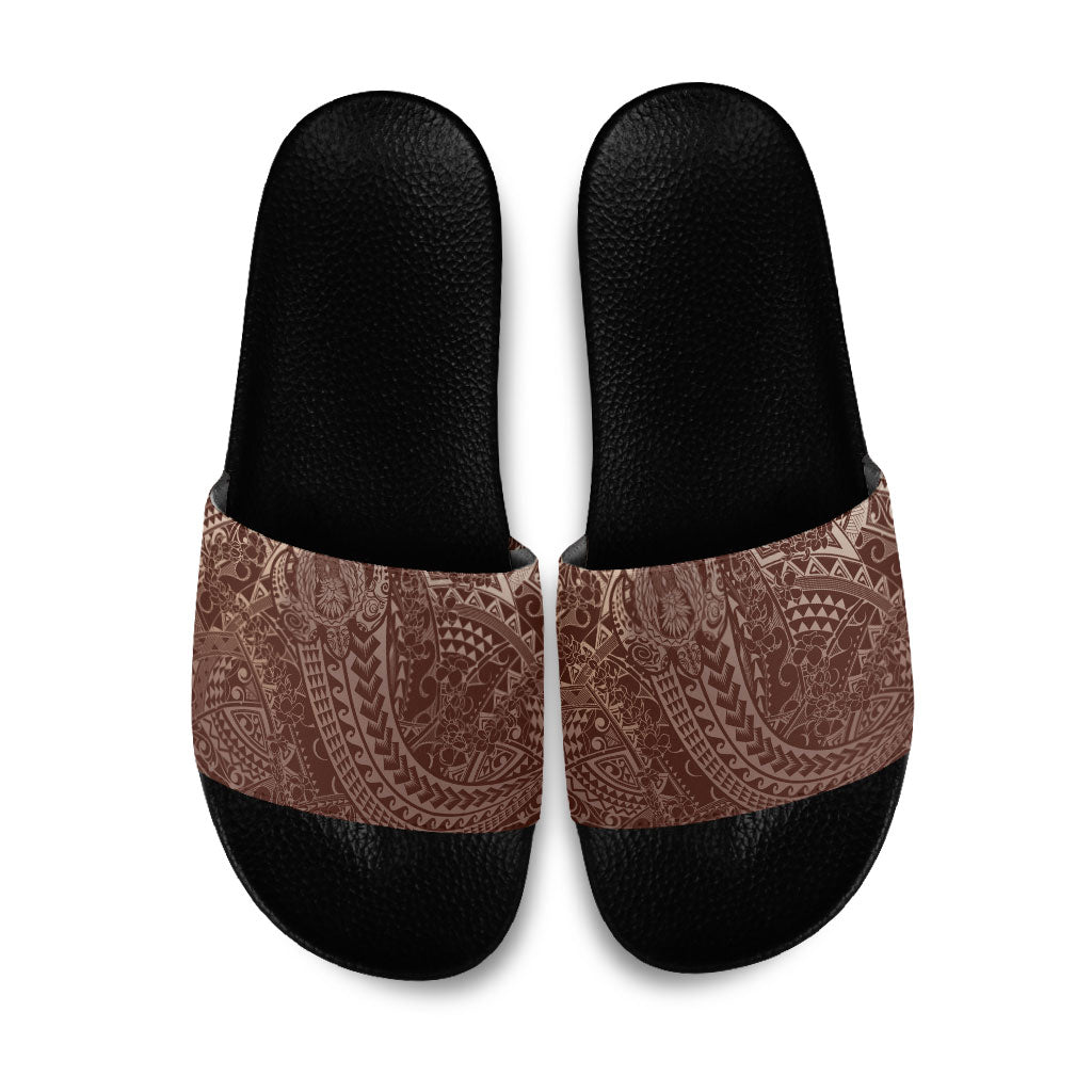 Hawaiian Turtles and Leis Slide Sandals Tribal Kakau Pattern Mocha Mousse Color LT03 Mocha Mousse - Polynesian Pride