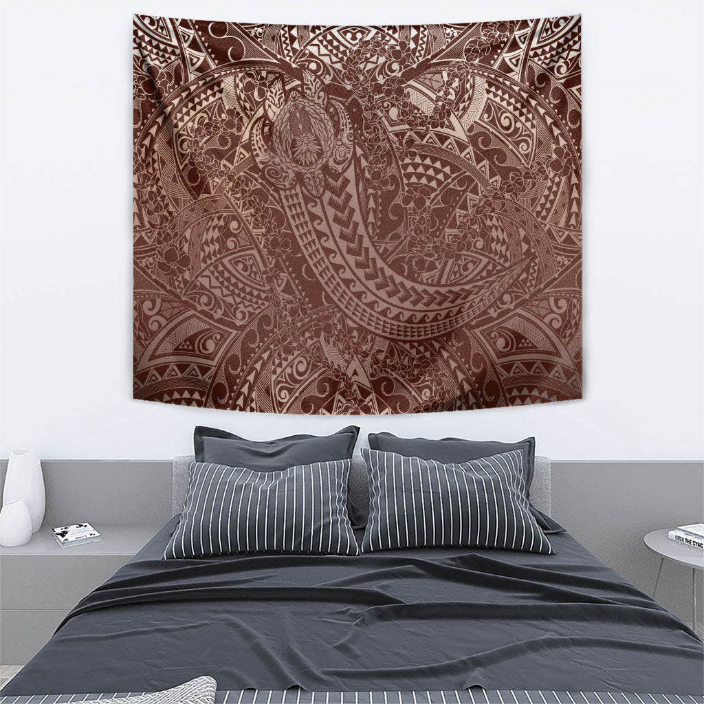 Hawaiian Turtles and Leis Tapestry Tribal Kakau Pattern Mocha Mousse Color