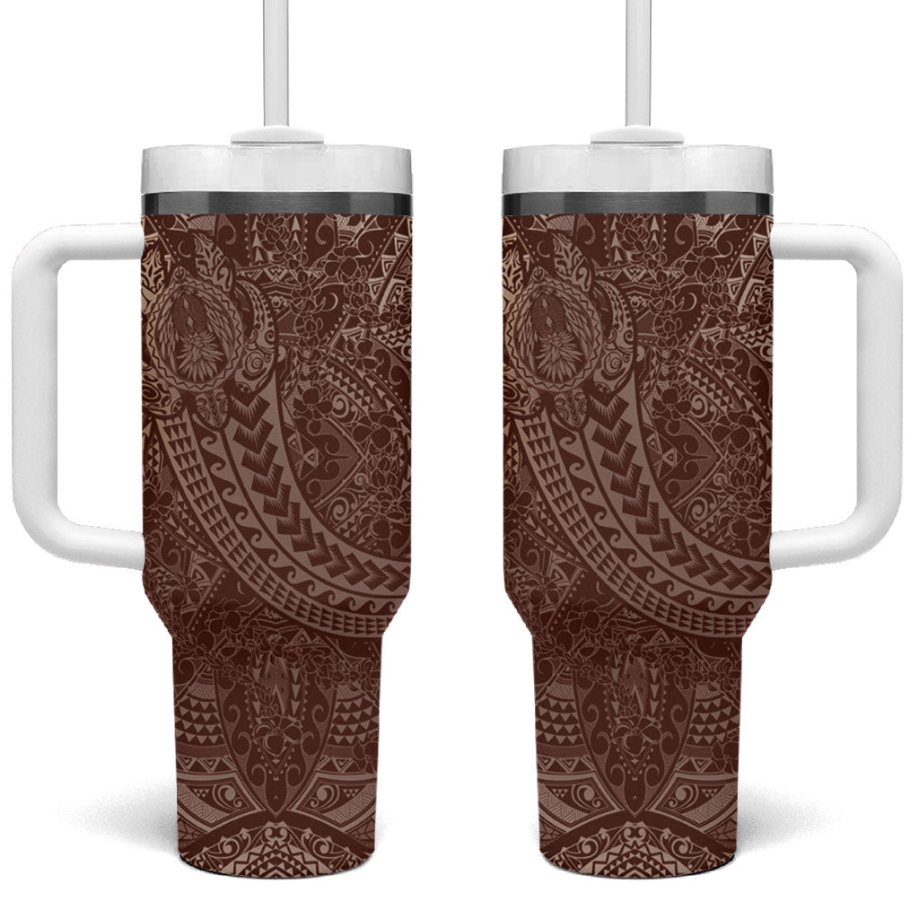 Hawaiian Turtles and Leis Tumbler With Handle Tribal Kakau Pattern Mocha Mousse Color LT03 One Size: 40 oz Mocha Mousse - Polynesian Pride