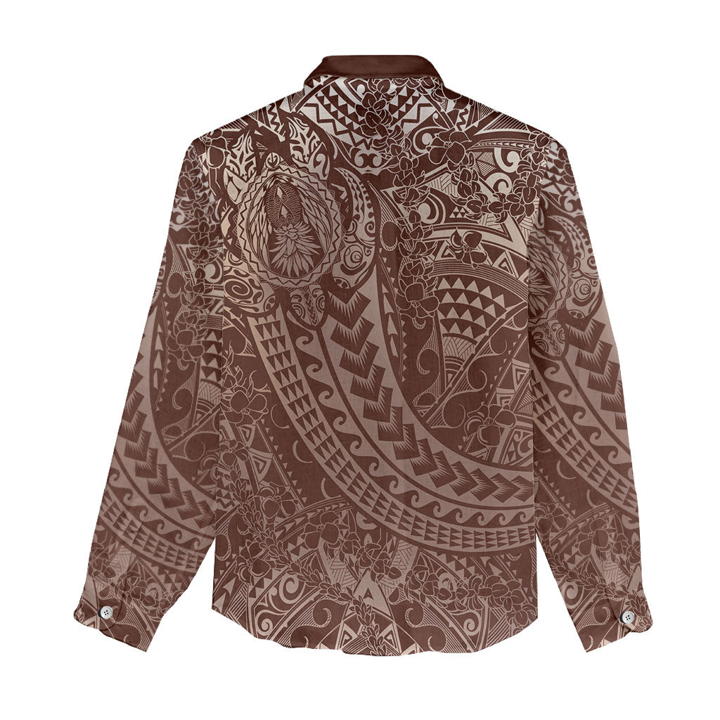 Hawaiian Turtles and Leis Women Casual Shirt Tribal Kakau Pattern Mocha Mousse Color