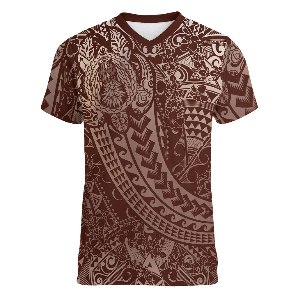 Hawaiian Turtles and Leis Women V-Neck T-Shirt Tribal Kakau Pattern Mocha Mousse Color LT03 Female Mocha Mousse - Polynesian Pride