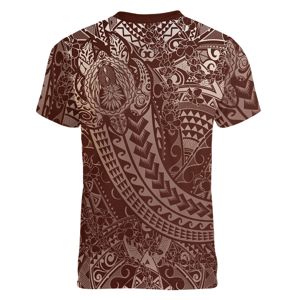 Hawaiian Turtles and Leis Women V-Neck T-Shirt Tribal Kakau Pattern Mocha Mousse Color