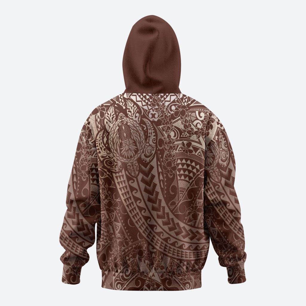 Hawaiian Turtles and Leis Zip Hoodie Tribal Kakau Pattern Mocha Mousse Color