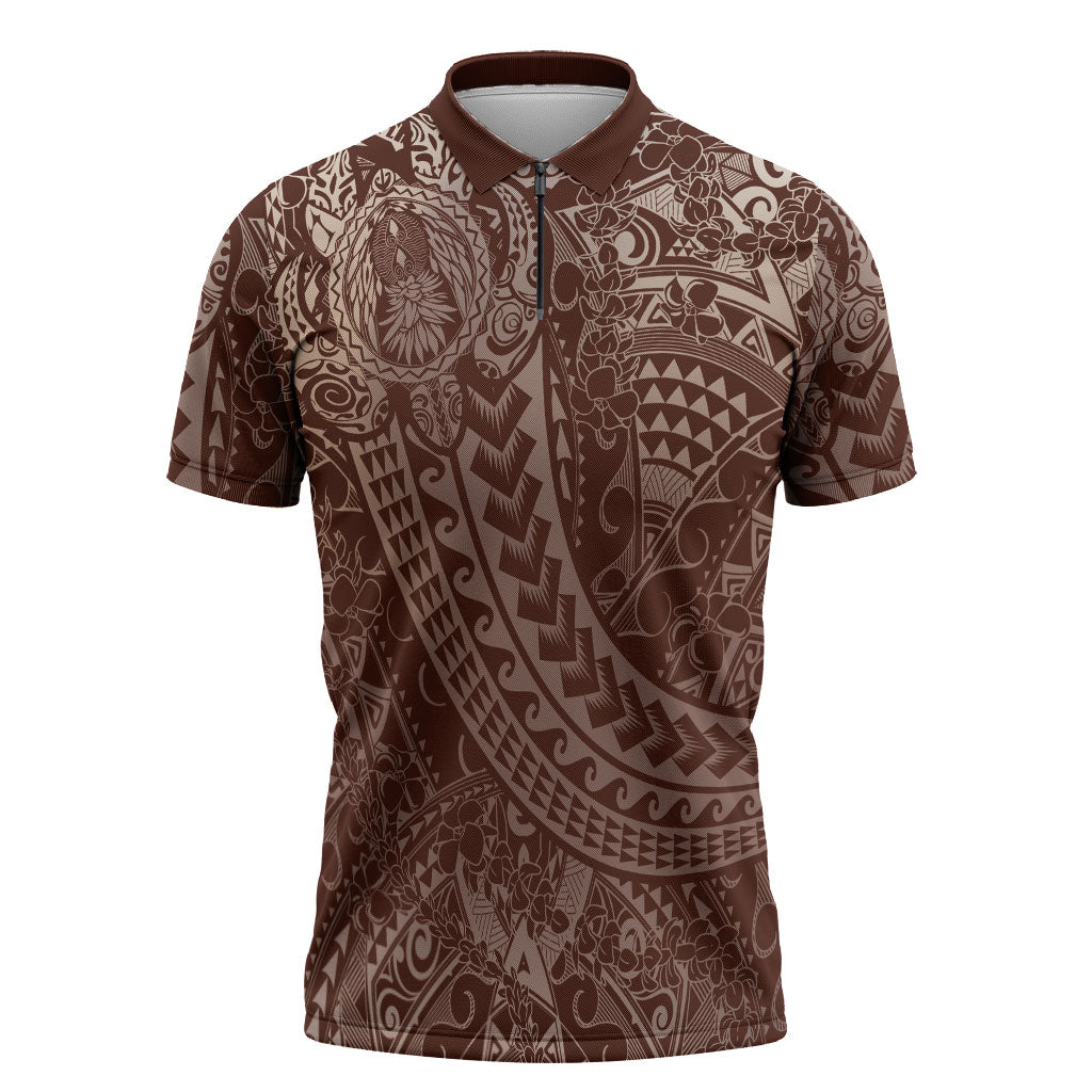 Hawaiian Turtles and Leis Zipper Polo Shirt Tribal Kakau Pattern Mocha Mousse Color