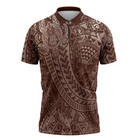 Hawaiian Turtles and Leis Zipper Polo Shirt Tribal Kakau Pattern Mocha Mousse Color