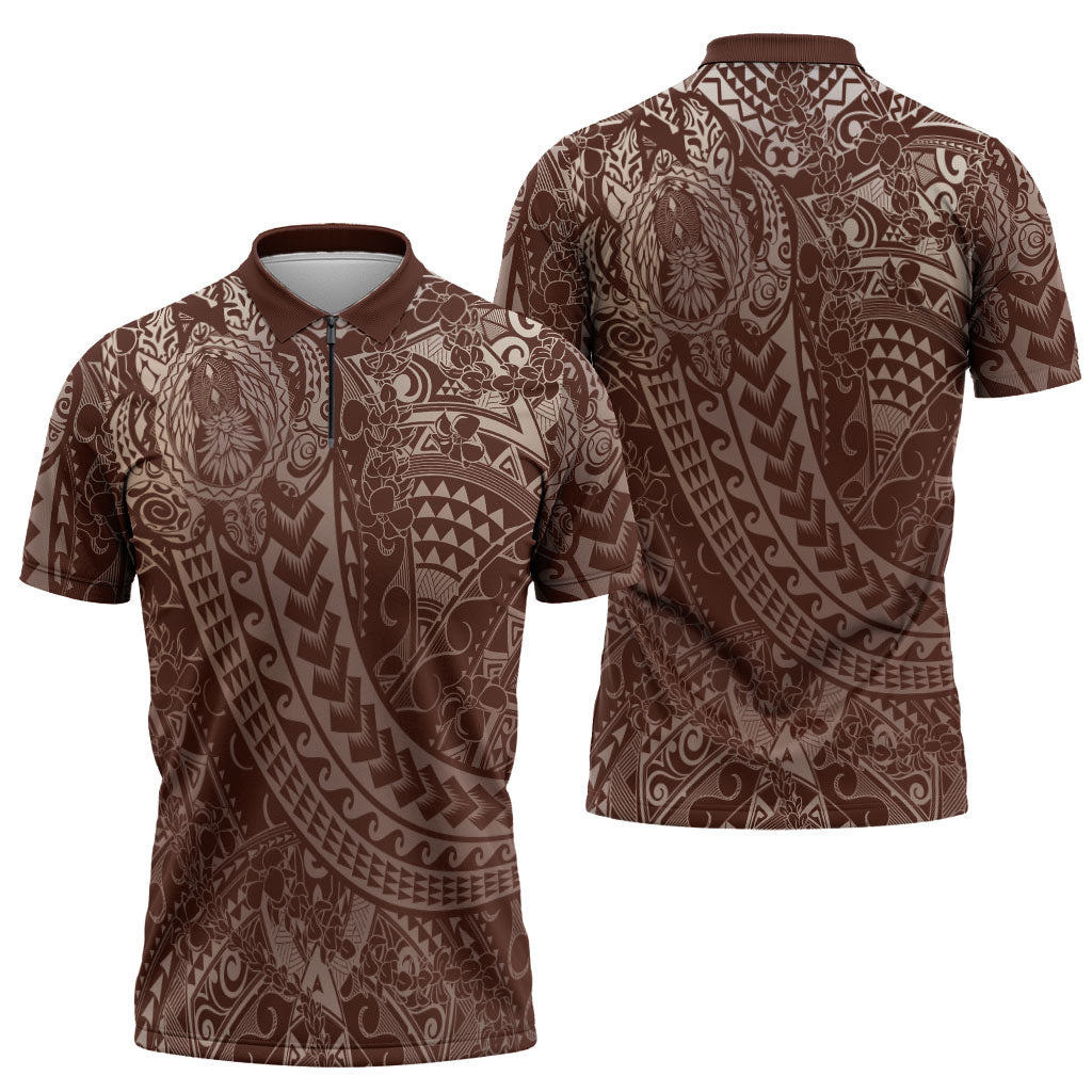Hawaiian Turtles and Leis Zipper Polo Shirt Tribal Kakau Pattern Mocha Mousse Color