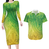 Hawaiian Turtles and Leis Couples Matching Long Sleeve Bodycon Dress and Hawaiian Shirt Tribal Kakau Pattern Fresh Summer Vibe
