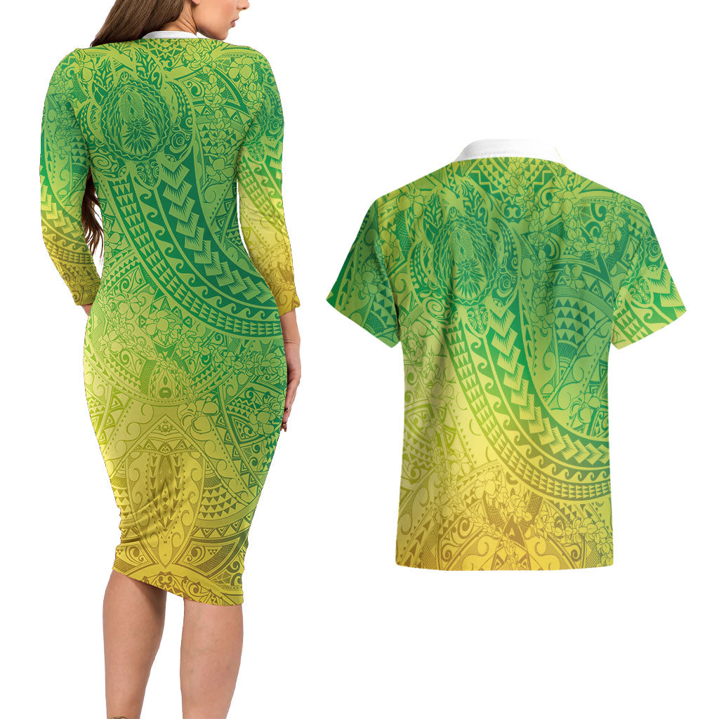 Hawaiian Turtles and Leis Couples Matching Long Sleeve Bodycon Dress and Hawaiian Shirt Tribal Kakau Pattern Fresh Summer Vibe