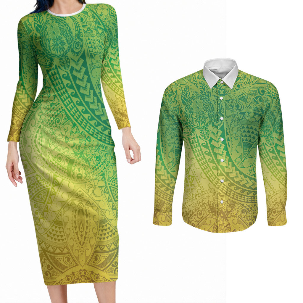 Hawaiian Turtles and Leis Couples Matching Long Sleeve Bodycon Dress and Long Sleeve Button Shirt Tribal Kakau Pattern Fresh Summer Vibe LT03 Green - Polynesian Pride