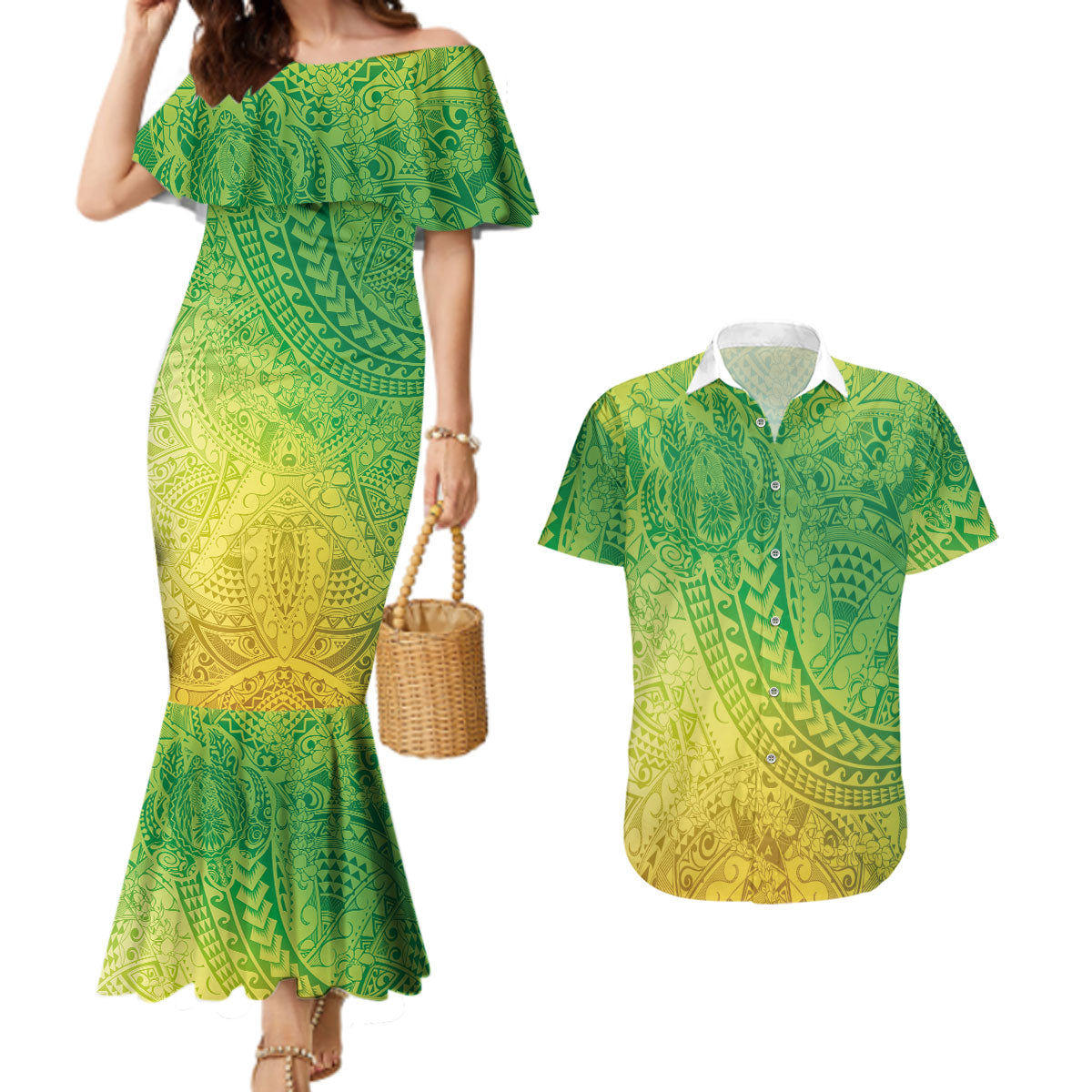 Hawaiian Turtles and Leis Couples Matching Mermaid Dress and Hawaiian Shirt Tribal Kakau Pattern Fresh Summer Vibe