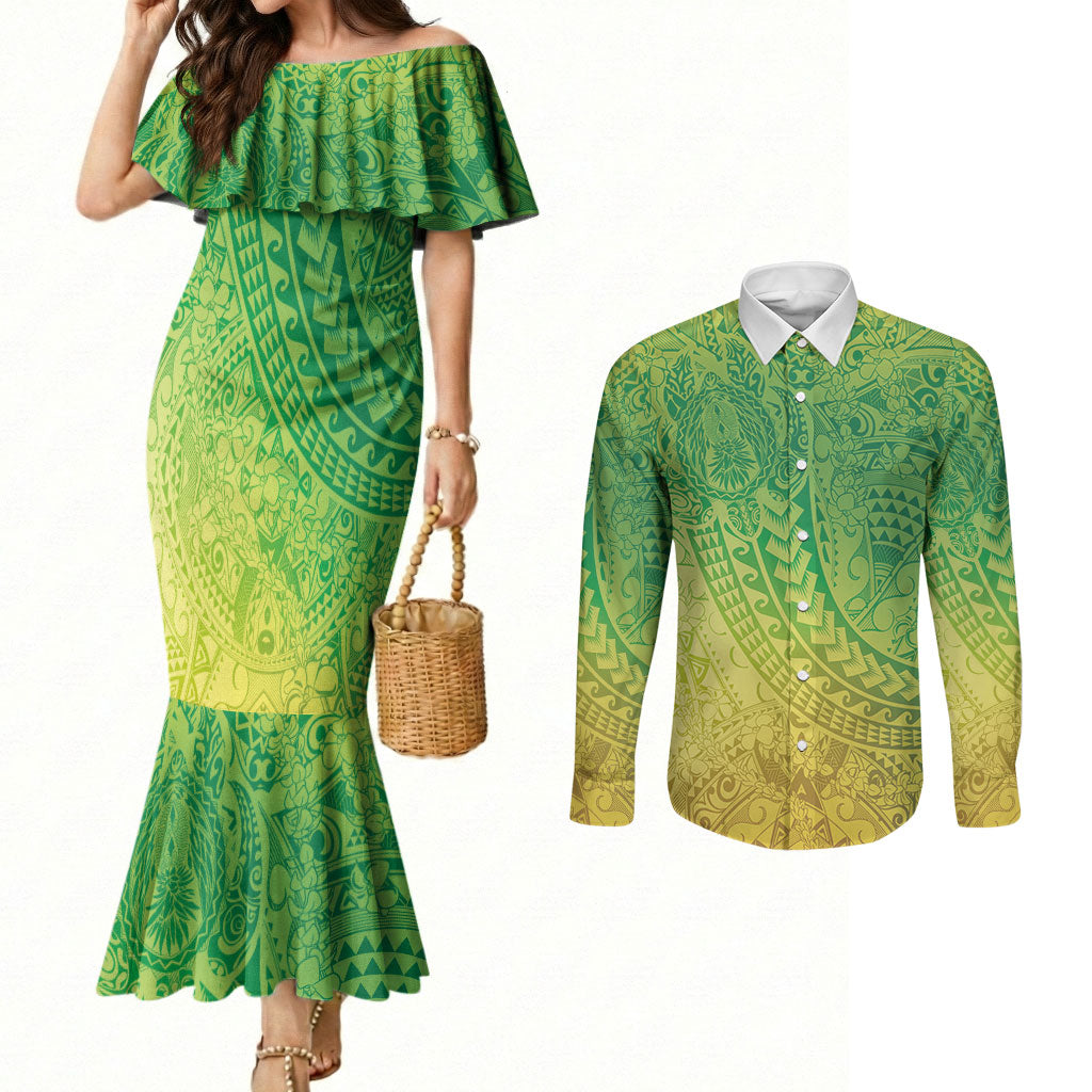 Hawaiian Turtles and Leis Couples Matching Mermaid Dress and Long Sleeve Button Shirt Tribal Kakau Pattern Fresh Summer Vibe LT03 Green - Polynesian Pride
