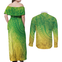 Hawaiian Turtles and Leis Couples Matching Off Shoulder Maxi Dress and Long Sleeve Button Shirt Tribal Kakau Pattern Fresh Summer Vibe