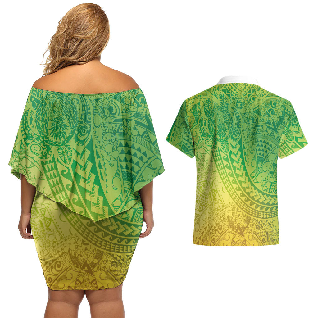 Hawaiian Turtles and Leis Couples Matching Off Shoulder Short Dress and Hawaiian Shirt Tribal Kakau Pattern Fresh Summer Vibe