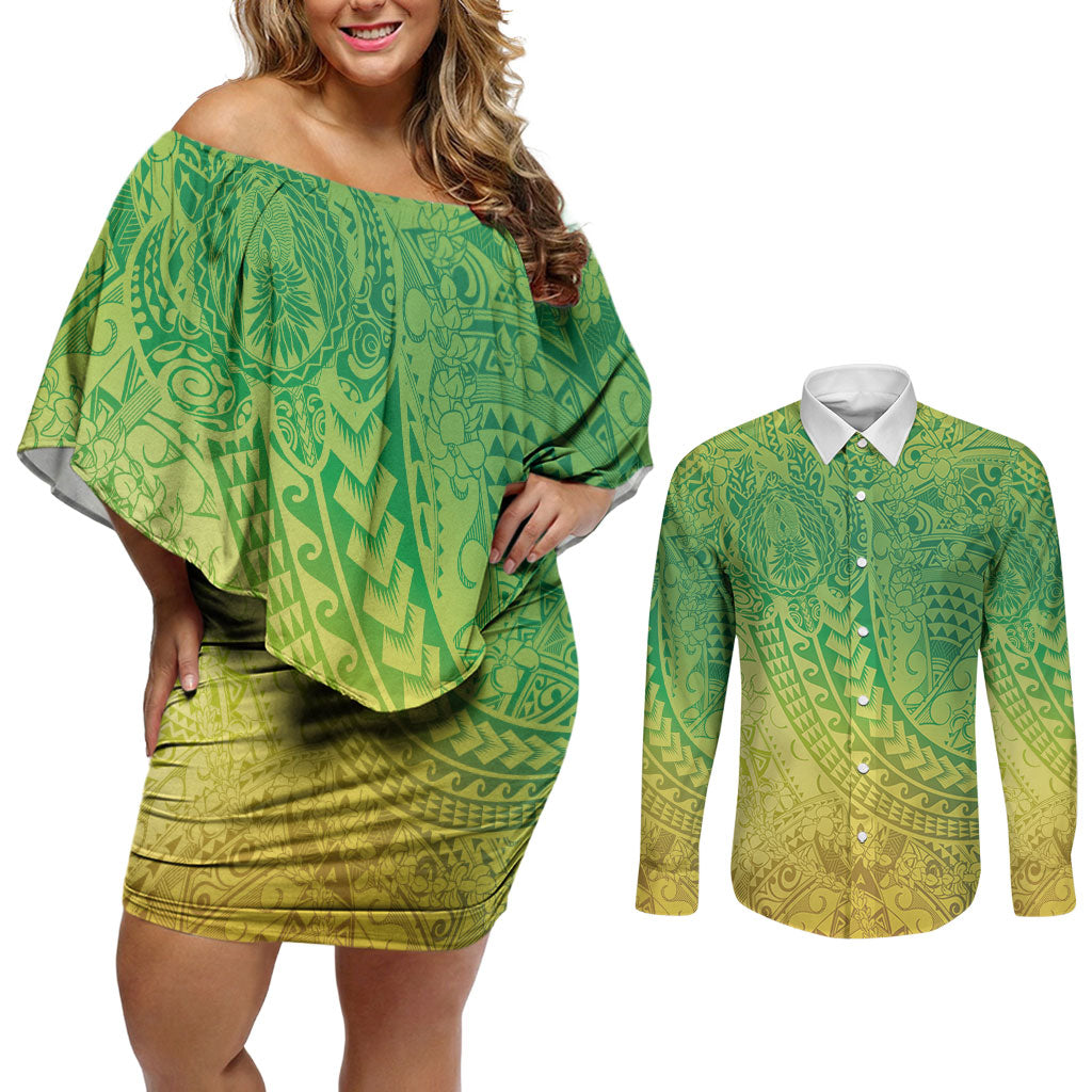 Hawaiian Turtles and Leis Couples Matching Off Shoulder Short Dress and Long Sleeve Button Shirt Tribal Kakau Pattern Fresh Summer Vibe LT03 Green - Polynesian Pride