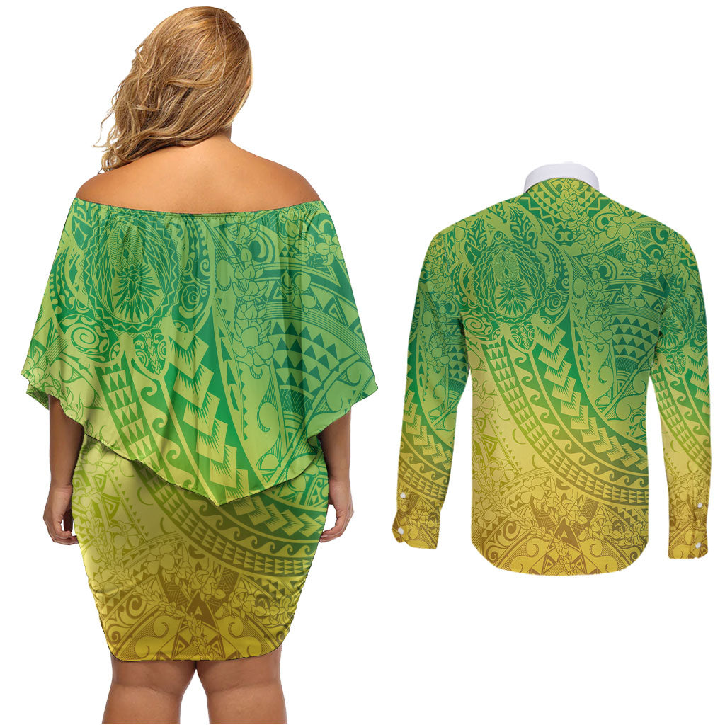 Hawaiian Turtles and Leis Couples Matching Off Shoulder Short Dress and Long Sleeve Button Shirt Tribal Kakau Pattern Fresh Summer Vibe