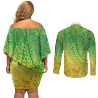 Hawaiian Turtles and Leis Couples Matching Off Shoulder Short Dress and Long Sleeve Button Shirt Tribal Kakau Pattern Fresh Summer Vibe