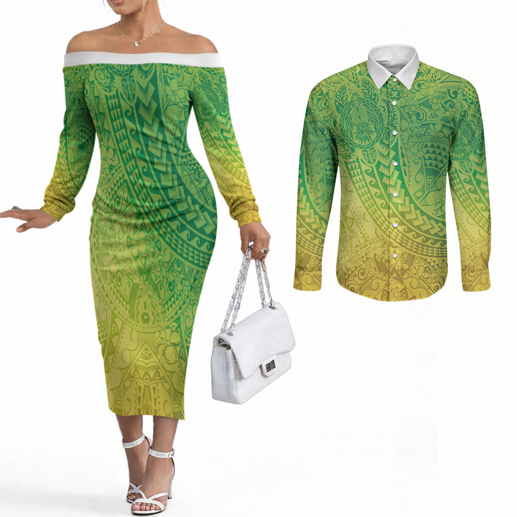 Hawaiian Turtles and Leis Couples Matching Off The Shoulder Long Sleeve Dress and Long Sleeve Button Shirt Tribal Kakau Pattern Fresh Summer Vibe LT03 Green - Polynesian Pride