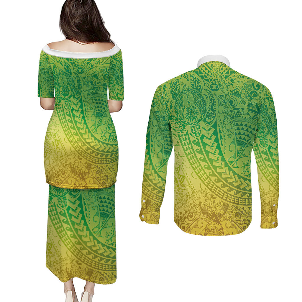 Hawaiian Turtles and Leis Couples Matching Puletasi and Long Sleeve Button Shirt Tribal Kakau Pattern Fresh Summer Vibe