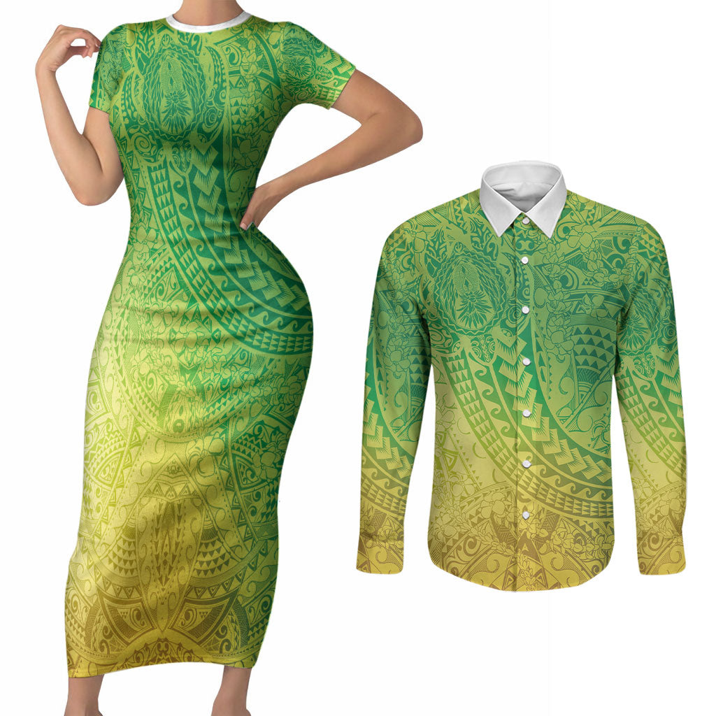 Hawaiian Turtles and Leis Couples Matching Short Sleeve Bodycon Dress and Long Sleeve Button Shirt Tribal Kakau Pattern Fresh Summer Vibe LT03 Green - Polynesian Pride