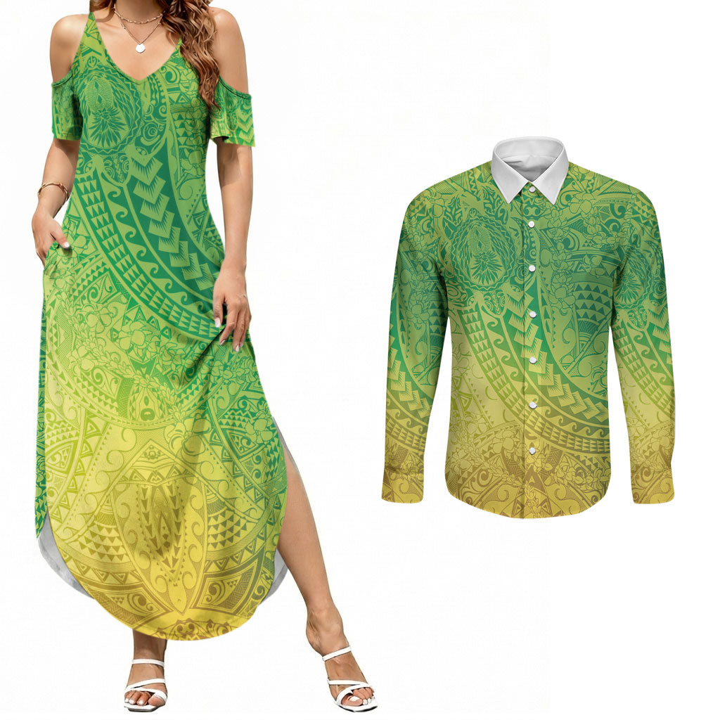 Hawaiian Turtles and Leis Couples Matching Summer Maxi Dress and Long Sleeve Button Shirt Tribal Kakau Pattern Fresh Summer Vibe LT03 Green - Polynesian Pride