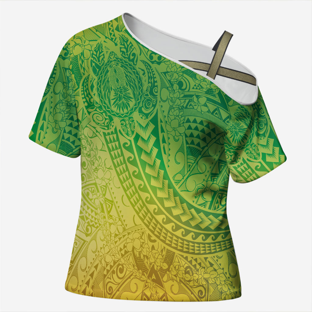 Hawaiian Turtles and Leis Cross Shoulder Shirt Tribal Kakau Pattern Fresh Summer Vibe LT03 Female Green - Polynesian Pride