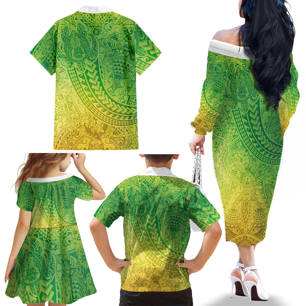 Hawaiian Turtles and Leis Family Matching Off The Shoulder Long Sleeve Dress and Hawaiian Shirt Tribal Kakau Pattern Fresh Summer Vibe