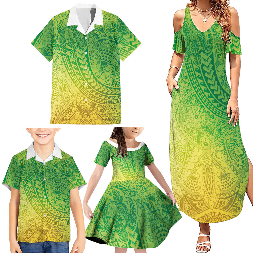 Hawaiian Turtles and Leis Family Matching Summer Maxi Dress and Hawaiian Shirt Tribal Kakau Pattern Fresh Summer Vibe