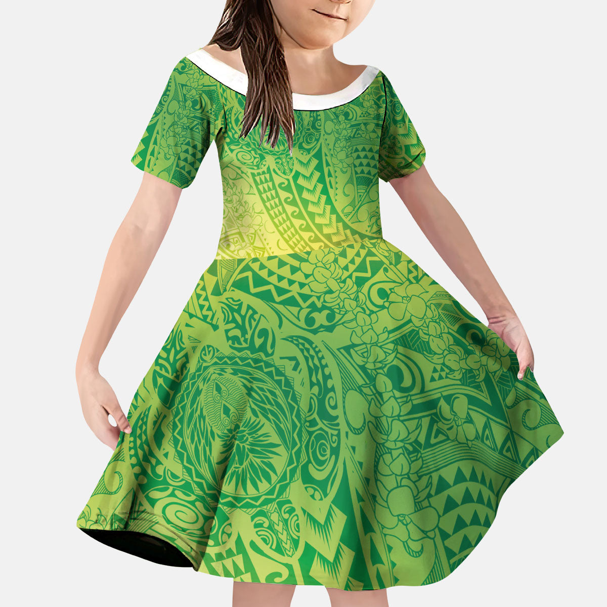 Hawaiian Turtles and Leis Kid Short Sleeve Dress Tribal Kakau Pattern Fresh Summer Vibe LT03 KID Green - Polynesian Pride