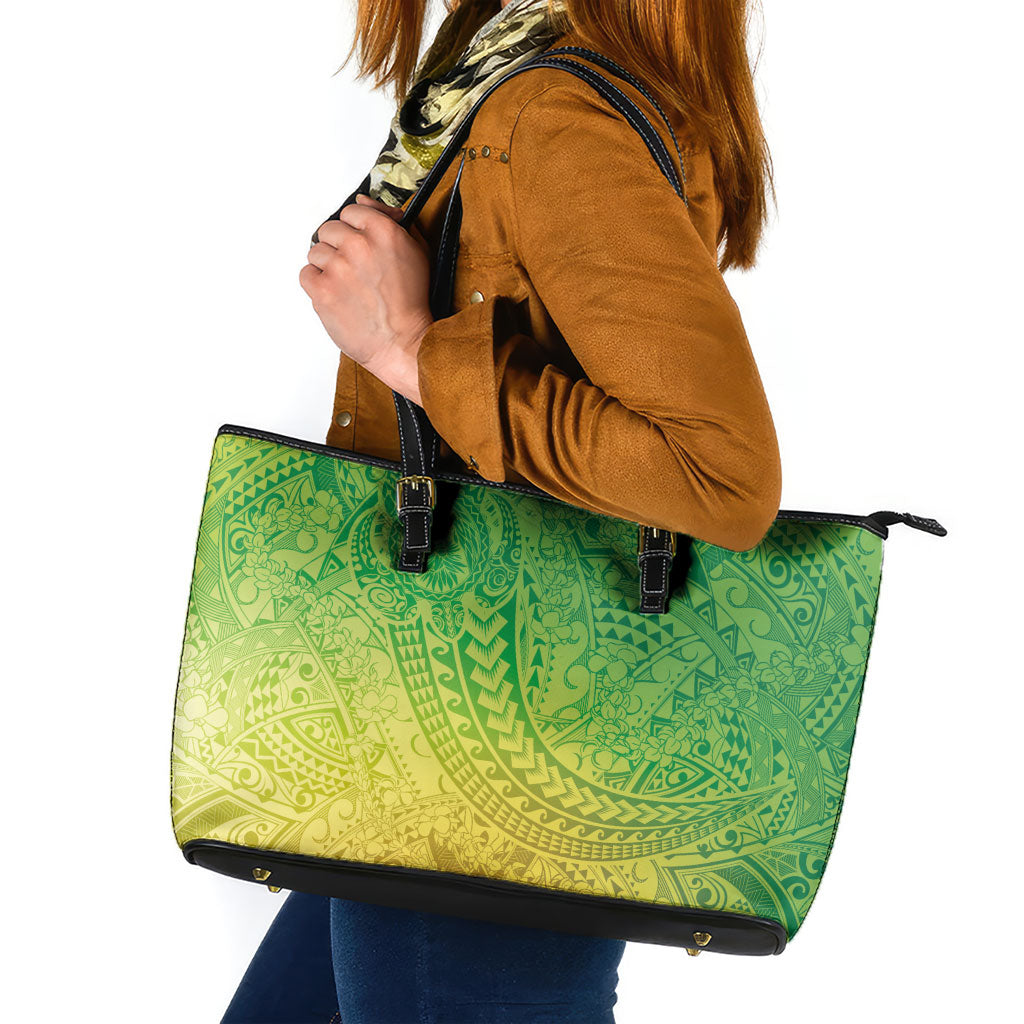Hawaiian Turtles and Leis Leather Tote Bag Tribal Kakau Pattern Fresh Summer Vibe LT03 Green - Polynesian Pride