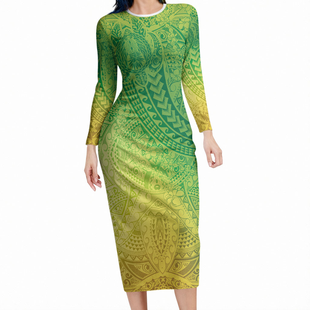 Hawaiian Turtles and Leis Long Sleeve Bodycon Dress Tribal Kakau Pattern Fresh Summer Vibe LT03 Long Dress Green - Polynesian Pride