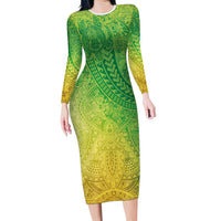 Hawaiian Turtles and Leis Long Sleeve Bodycon Dress Tribal Kakau Pattern Fresh Summer Vibe
