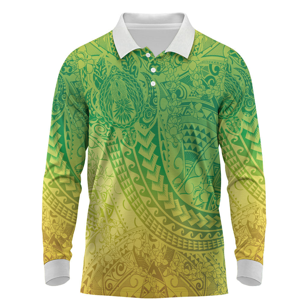 Hawaiian Turtles and Leis Long Sleeve Polo Shirt Tribal Kakau Pattern Fresh Summer Vibe LT03 Green - Polynesian Pride