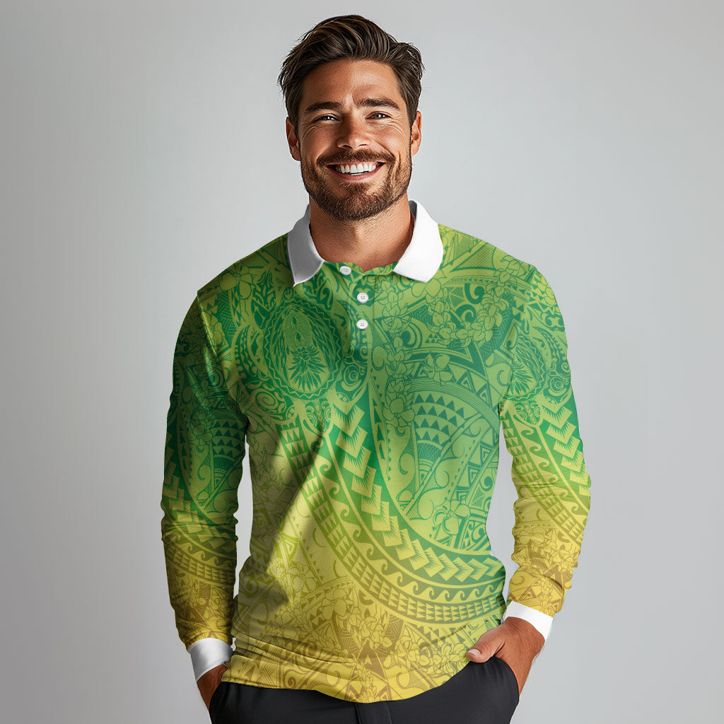 Hawaiian Turtles and Leis Long Sleeve Polo Shirt Tribal Kakau Pattern Fresh Summer Vibe