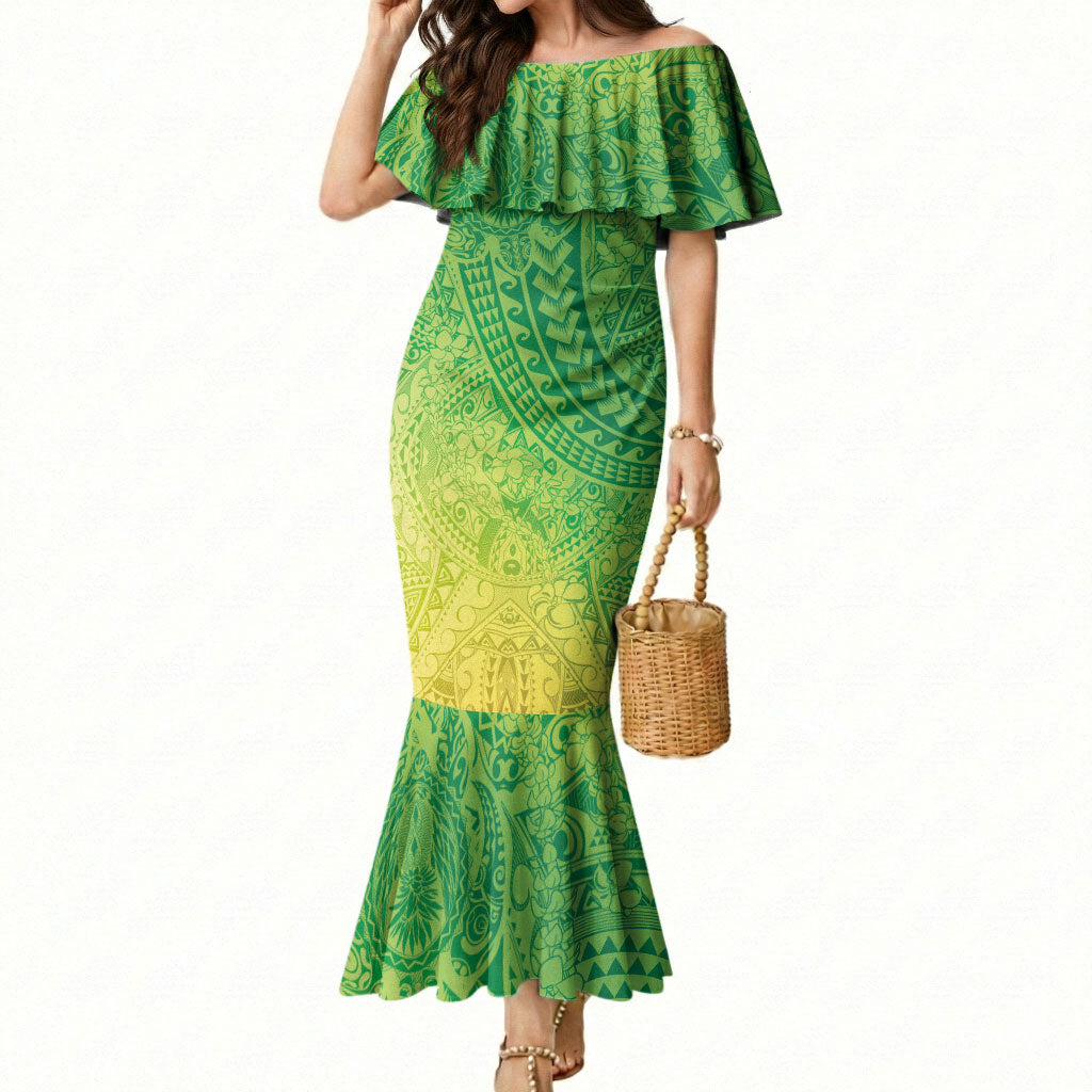 Hawaiian Turtles and Leis Mermaid Dress Tribal Kakau Pattern Fresh Summer Vibe LT03 Women Green - Polynesian Pride