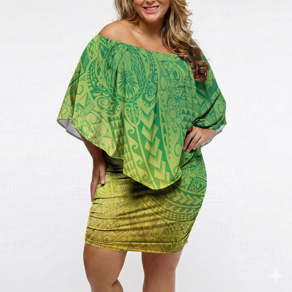 Hawaiian Turtles and Leis Off Shoulder Short Dress Tribal Kakau Pattern Fresh Summer Vibe LT03 Women Green - Polynesian Pride