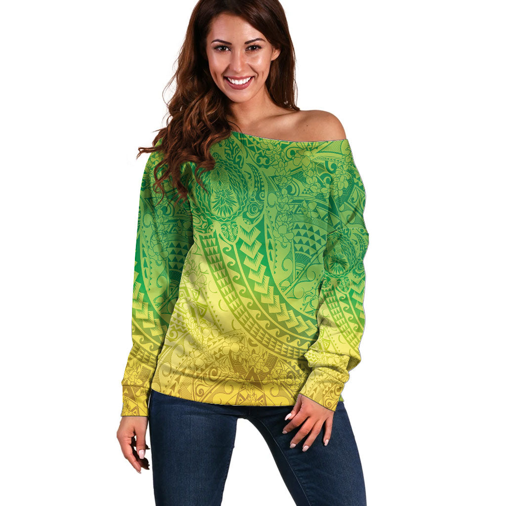 Hawaiian Turtles and Leis Off Shoulder Sweater Tribal Kakau Pattern Fresh Summer Vibe LT03 Women Green - Polynesian Pride