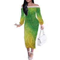 Hawaiian Turtles and Leis Off The Shoulder Long Sleeve Dress Tribal Kakau Pattern Fresh Summer Vibe