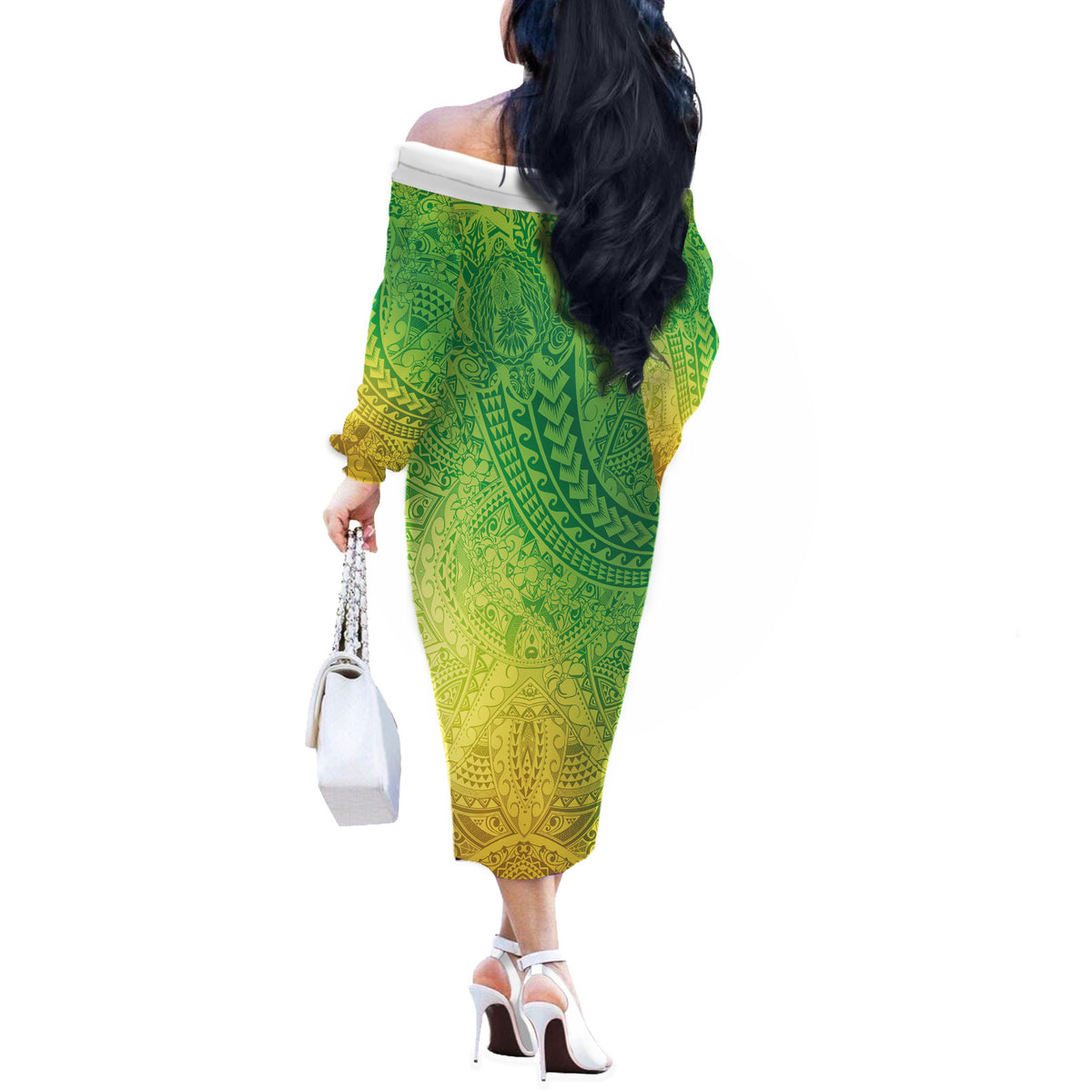 Hawaiian Turtles and Leis Off The Shoulder Long Sleeve Dress Tribal Kakau Pattern Fresh Summer Vibe