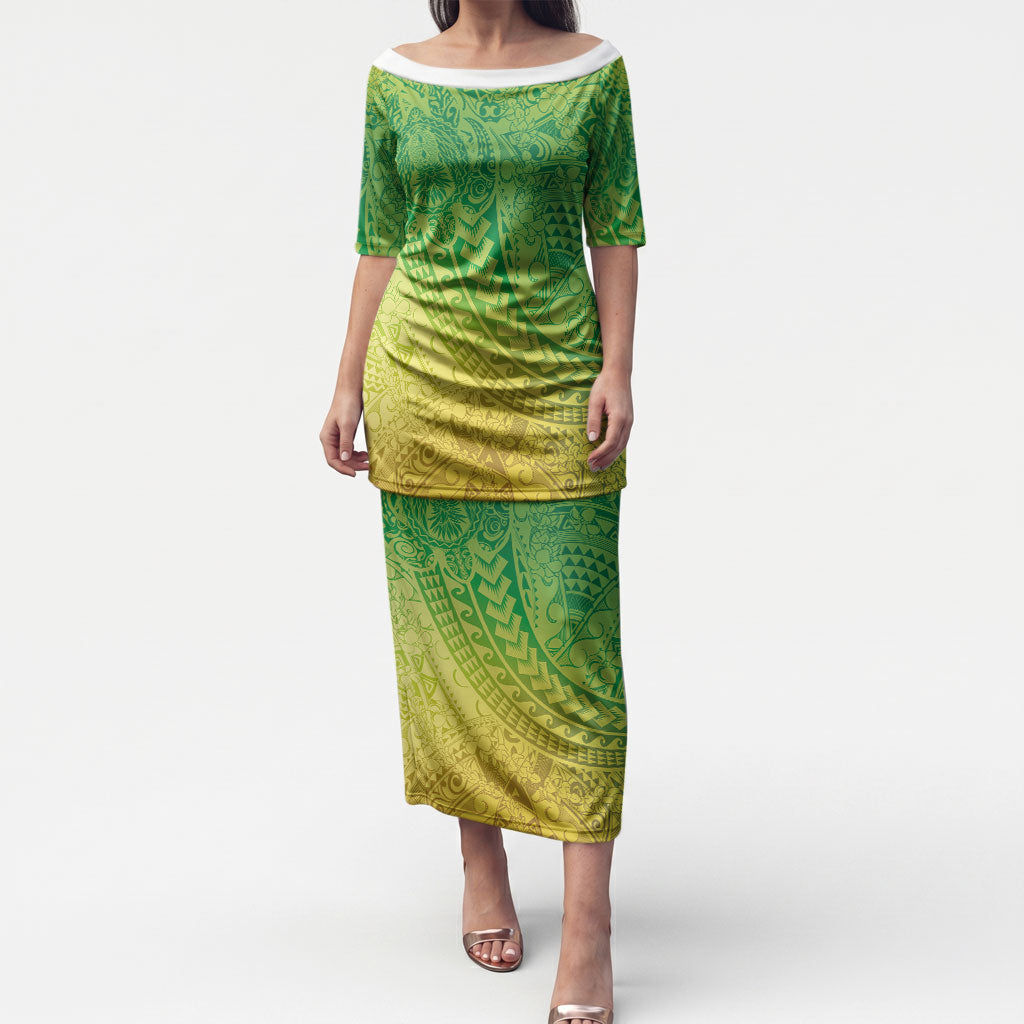 Hawaiian Turtles and Leis Puletasi Tribal Kakau Pattern Fresh Summer Vibe LT03 Long Dress Green - Polynesian Pride