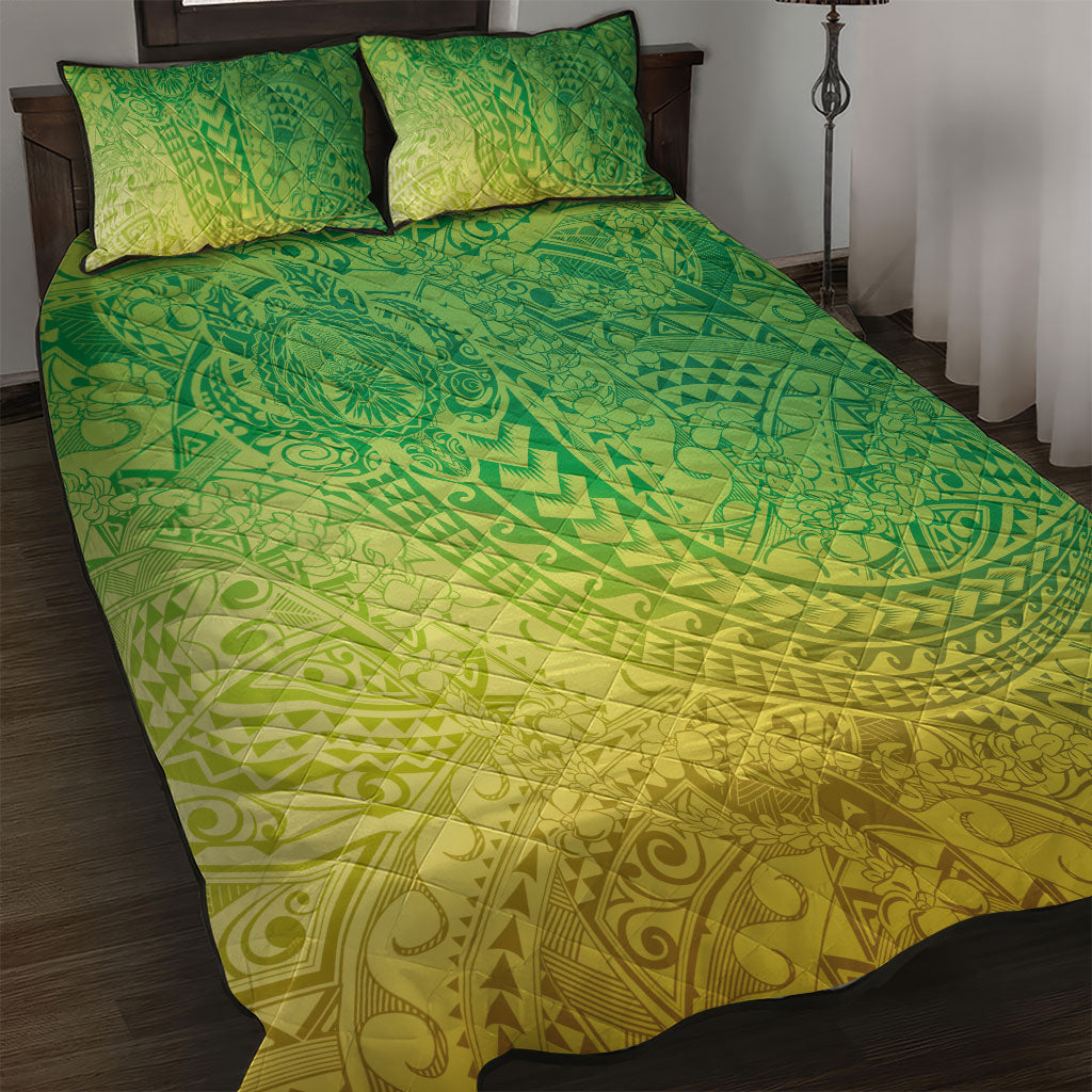 Hawaiian Turtles and Leis Quilt Bed Set Tribal Kakau Pattern Fresh Summer Vibe LT03 Green - Polynesian Pride