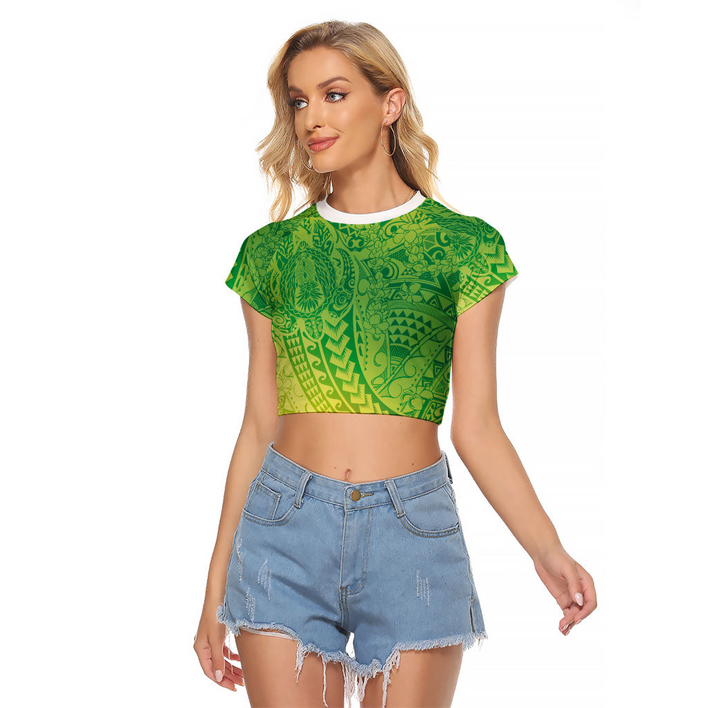 Hawaiian Turtles and Leis Raglan Cropped T Shirt Tribal Kakau Pattern Fresh Summer Vibe LT03 Female Green - Polynesian Pride