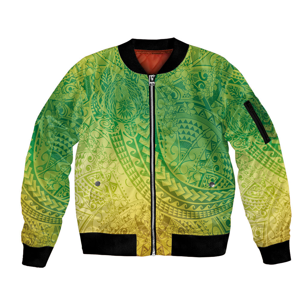 Hawaiian Turtles and Leis Sleeve Zip Bomber Jacket Tribal Kakau Pattern Fresh Summer Vibe LT03 Unisex Green - Polynesian Pride