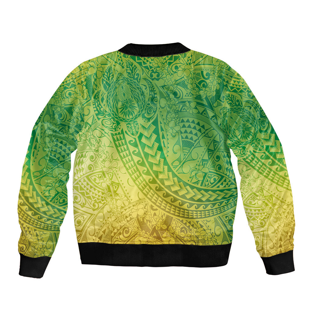 Hawaiian Turtles and Leis Sleeve Zip Bomber Jacket Tribal Kakau Pattern Fresh Summer Vibe