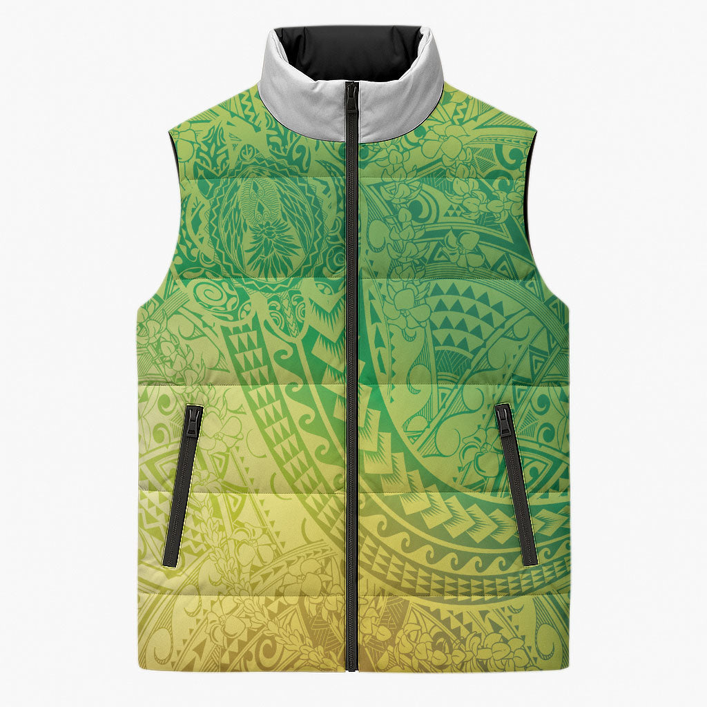 Hawaiian Turtles and Leis Sleeveless Puffer Jacket Tribal Kakau Pattern Fresh Summer Vibe LT03 Unisex Green - Polynesian Pride