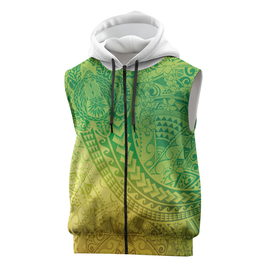 Hawaiian Turtles and Leis Sleeveless Zip Hoodie Tribal Kakau Pattern Fresh Summer Vibe LT03 Green - Polynesian Pride