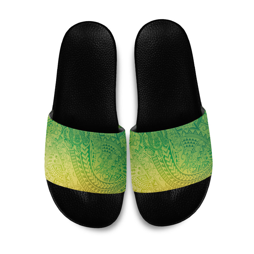 Hawaiian Turtles and Leis Slide Sandals Tribal Kakau Pattern Fresh Summer Vibe LT03 Green - Polynesian Pride